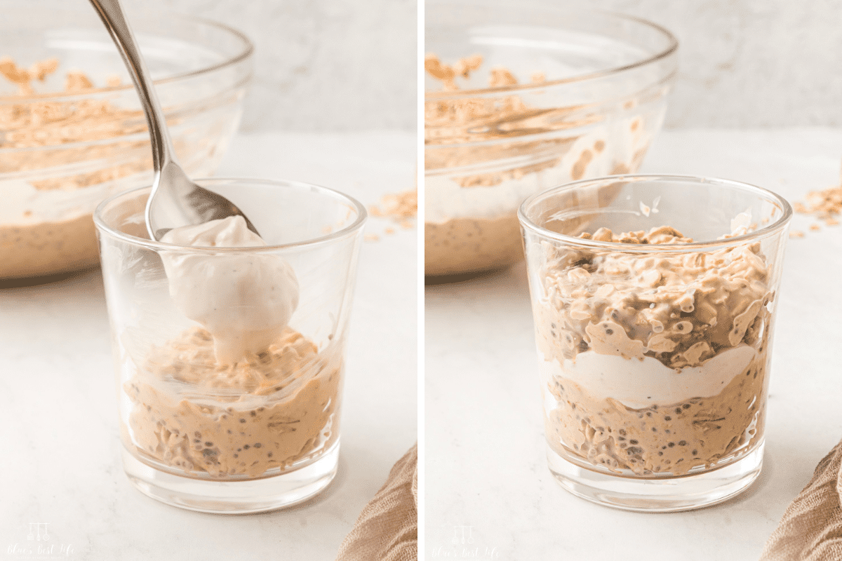 Side-by-side photo: Left: Adding a layer of oats and then alternating with yogurt. Right: Layers of yogurt and oats can be seen in the glass. 