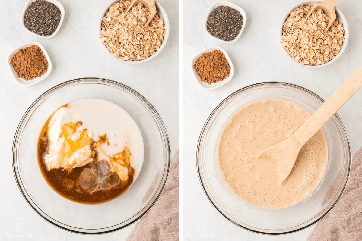 Side-by-side photo: Left: Mixing together the yogurt, milk, espresso, vanilla and honey in a clear glass bowl. Right: Completely mixed batter. 
