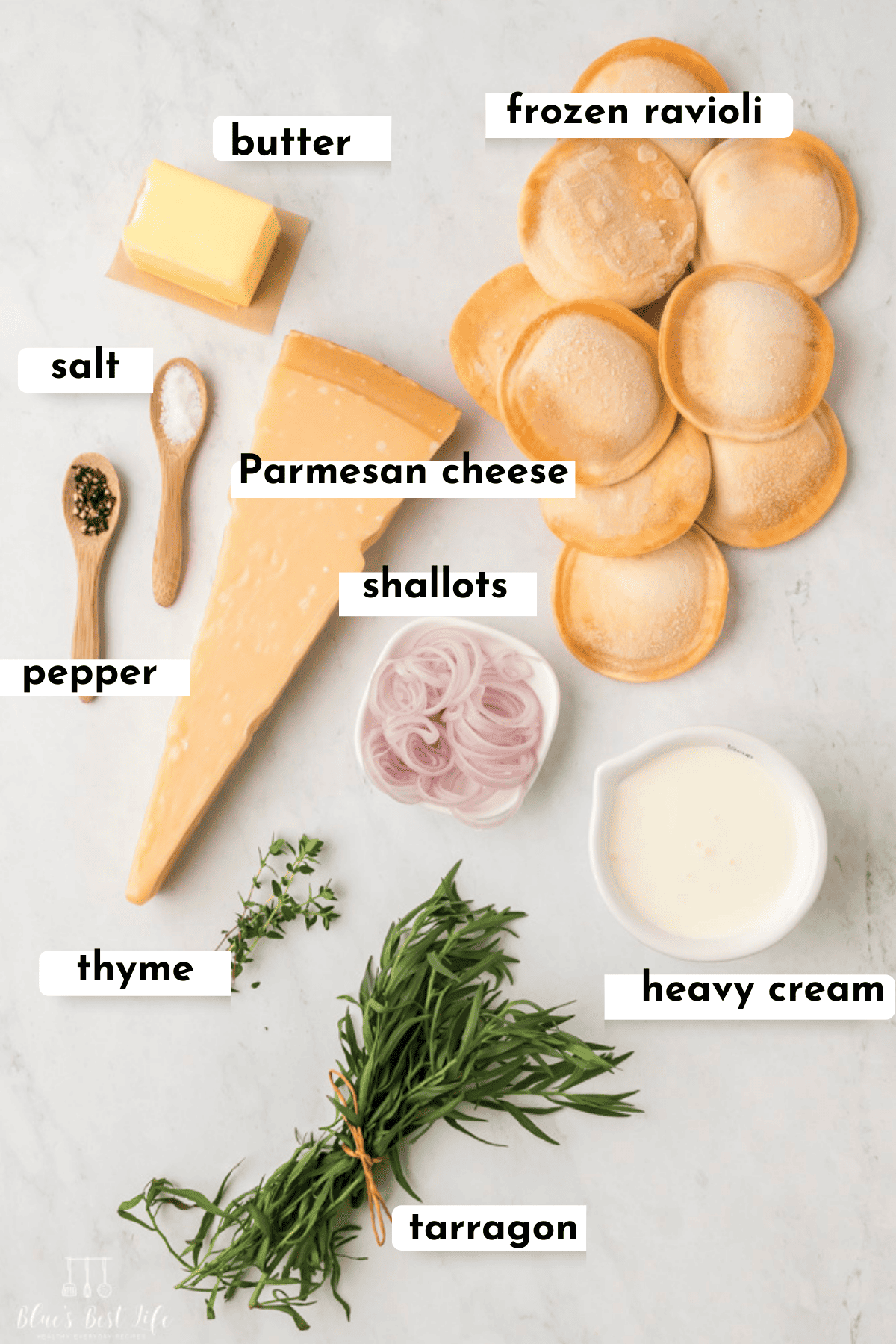 Butter Cream Sauce For Butternut Squash Ravioli Ingredients: Frozen Ravioli, Butter, Salt, Parmesan, Shallots, Pepper,  Thyme, Heavy Cream, Tarragon.