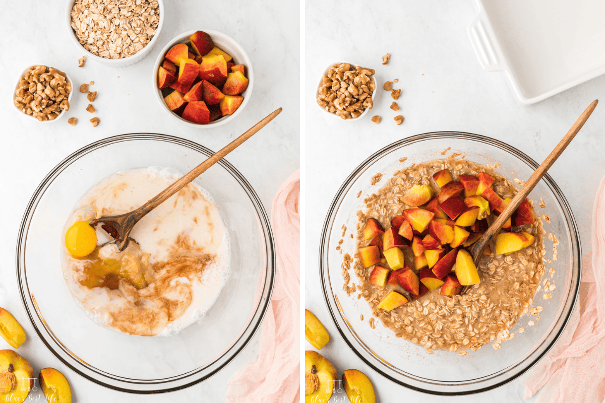 Side-by-side photo: Left: Mixing together the ingredients in a clear bowl using a wooden spoon. Right: adding the peaches to the mixture in the clear glass bowl. 