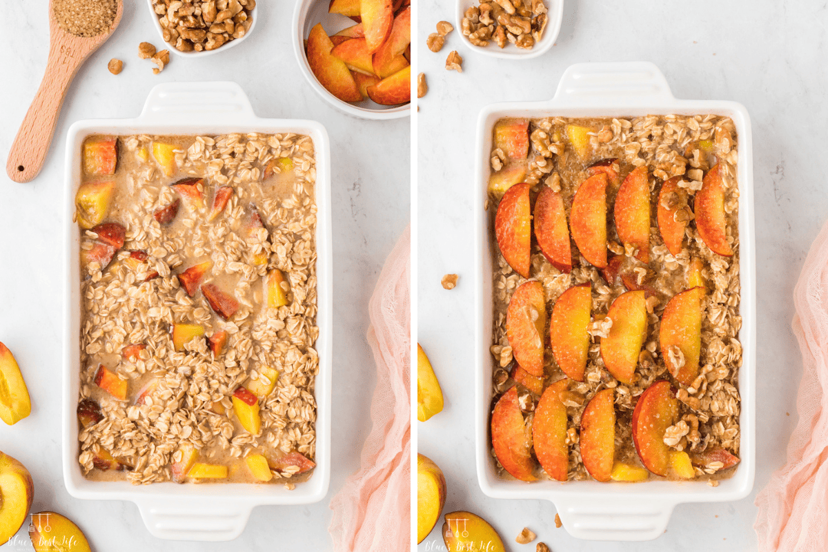 Side-by-side photo: Left: The oatmeal mixture added to a casserole dish. Right: adding extra peach slices to the top. 