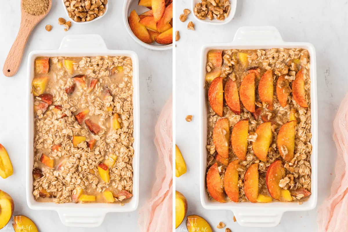 The oatmeal mixture added to a casserole dish and adding extra peach slices to the top. 