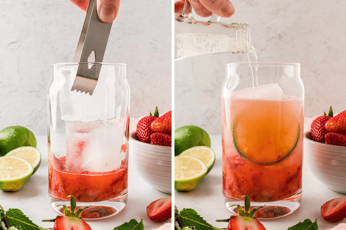 Adding ice and club soda to the virgin mojito. 