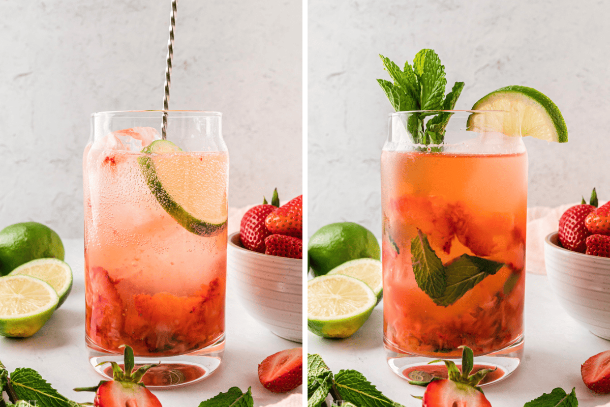 Stirring the mocktail and adding the mint srprig for garnish. 