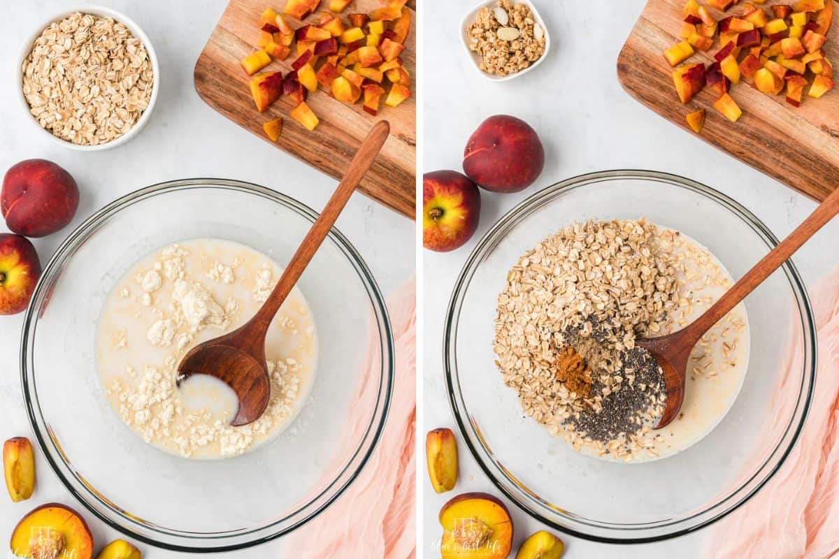 Side-by-side photo: Left: Mixing the almond milk and protein powder in a clear glass bowl using a wooden spoon. Right: adding the oats, chia seeds and spices to the milk. 