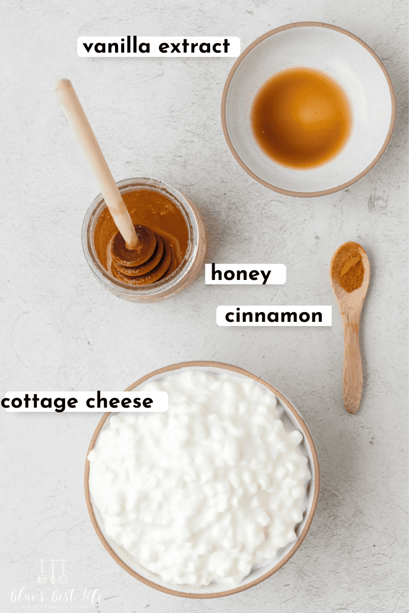 Flat lay of ingredients: Vanilla extract, honey, cinnamon, & cottage cheese. 
