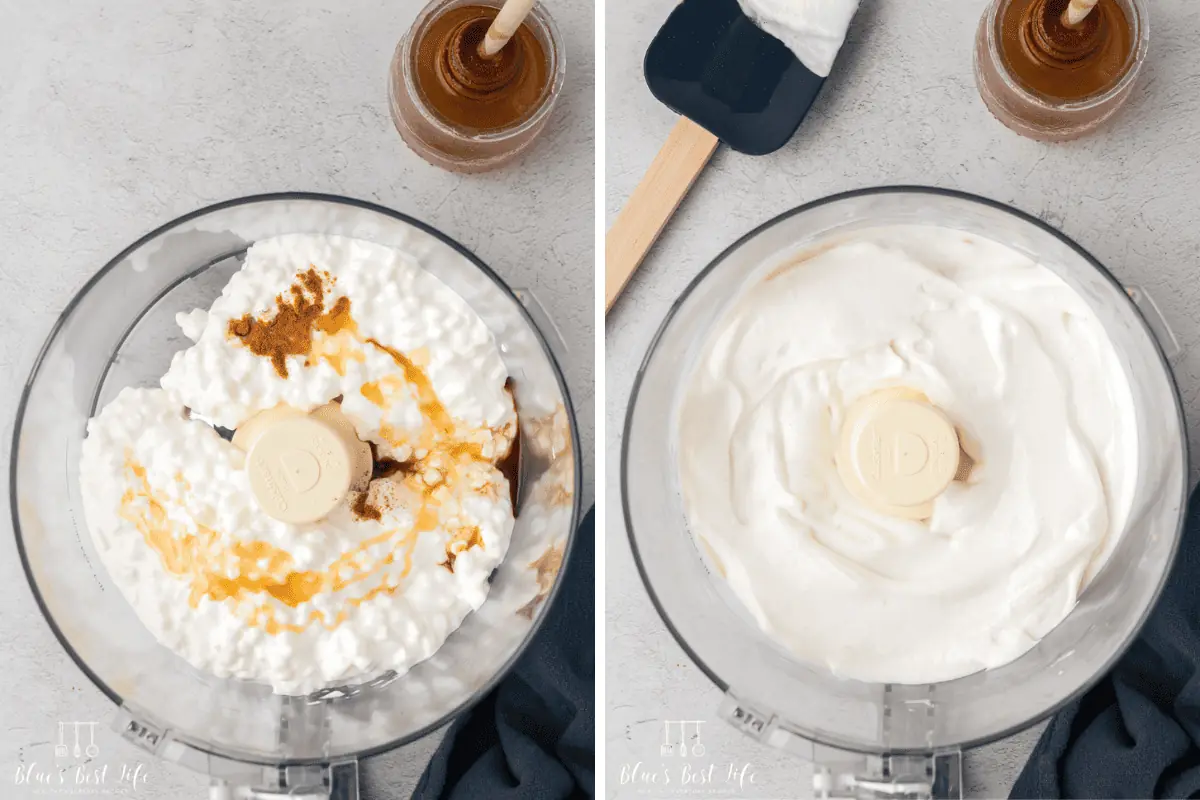 Blending the cottage cheese in a food processor. 