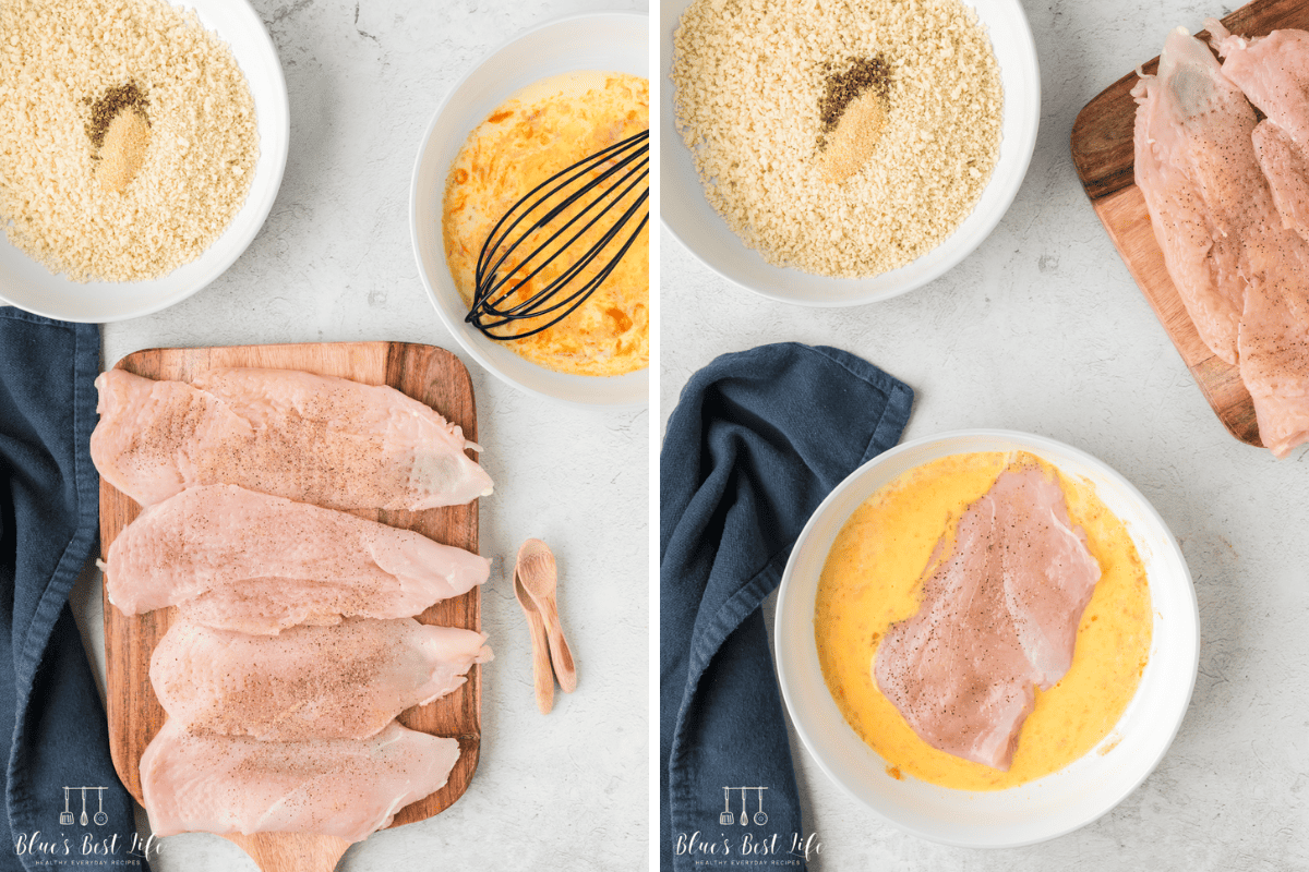 Photo Collage. Left: Chicken breast on a cutting board.  Right: Dipping the chicken into egg wash. 