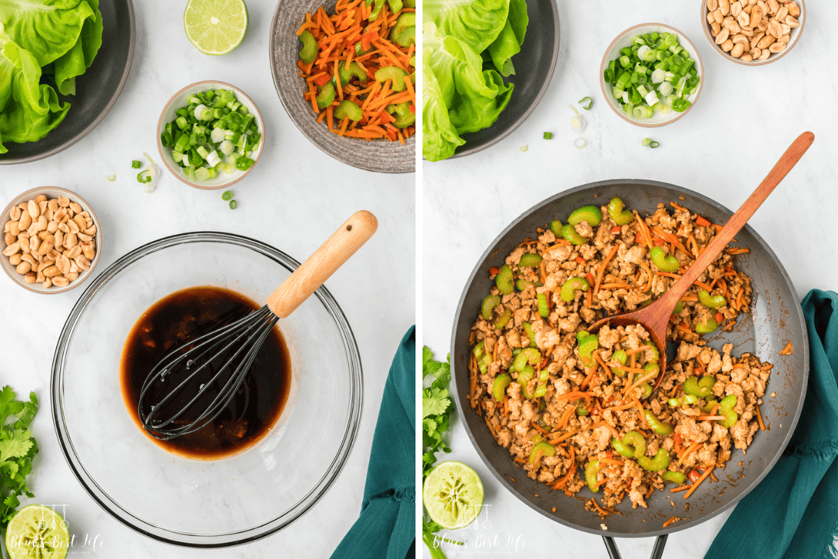 Photo Collage. Left: Mixing the sauce in a clear bowl. Right: adding the sauce to the ground chicken and vegetables in the skillet.