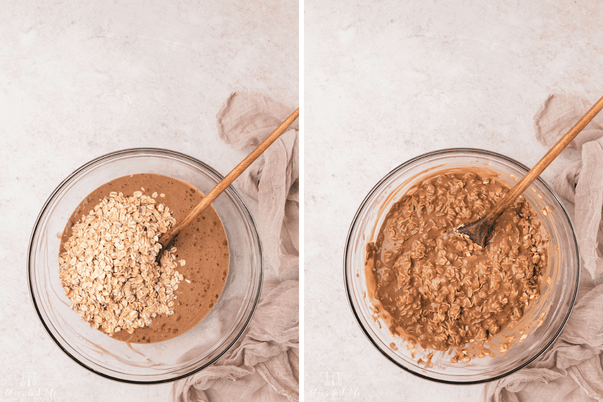 Side-by-side photo: Left: Stirring in the oats and covering in the mixture. Right: a completely mixed Nutella oats mixture. 