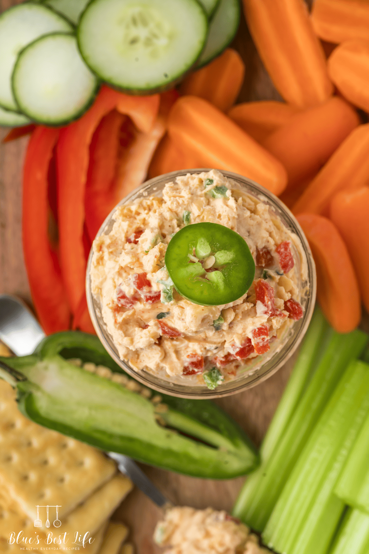 Pimento cheese with crackers, celery and carrots. 