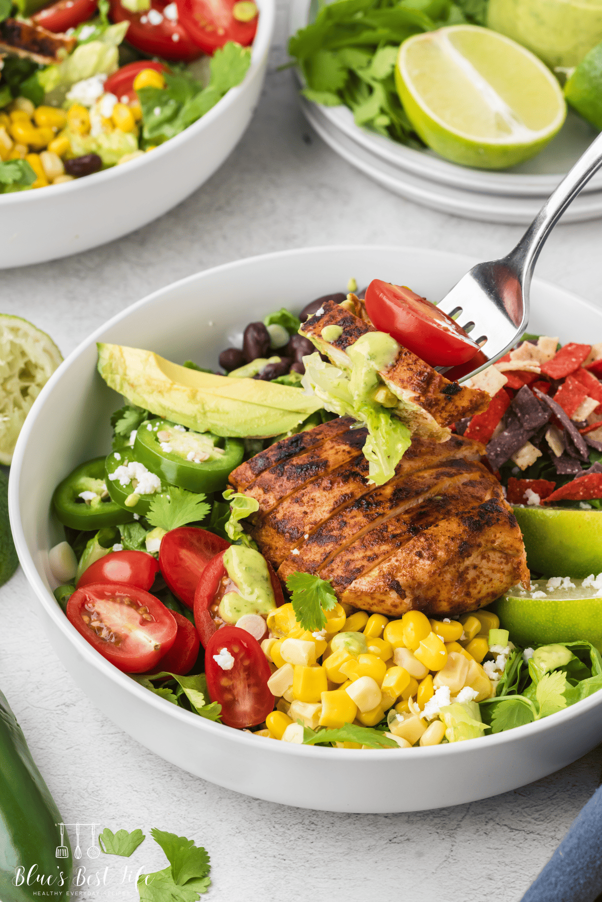 A forkful of the Santa Fe Salad from a full bowl serving.