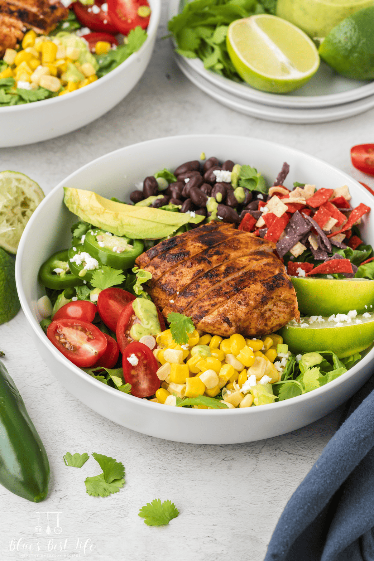 The salad prepared in a bowl with the chicken.