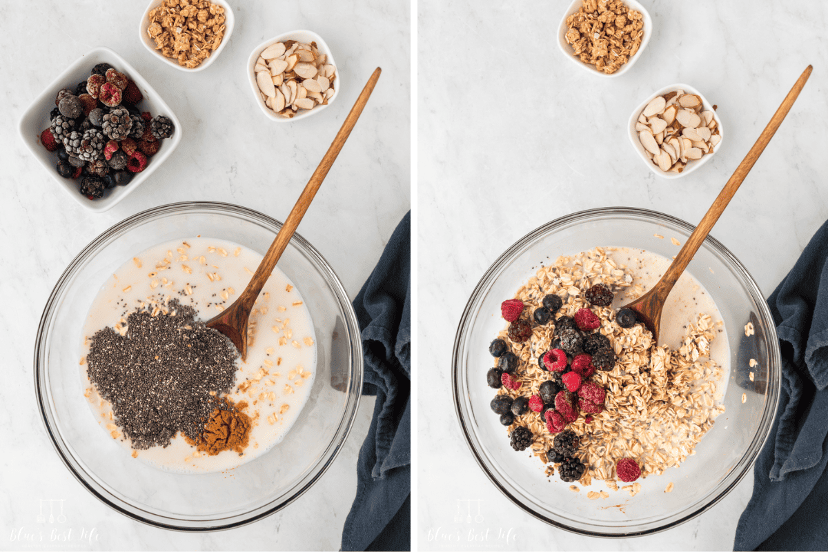 Side-by-side photo: Left: Mixing the ingredients together. Right: Adding in the frozen fruits to the mixture .