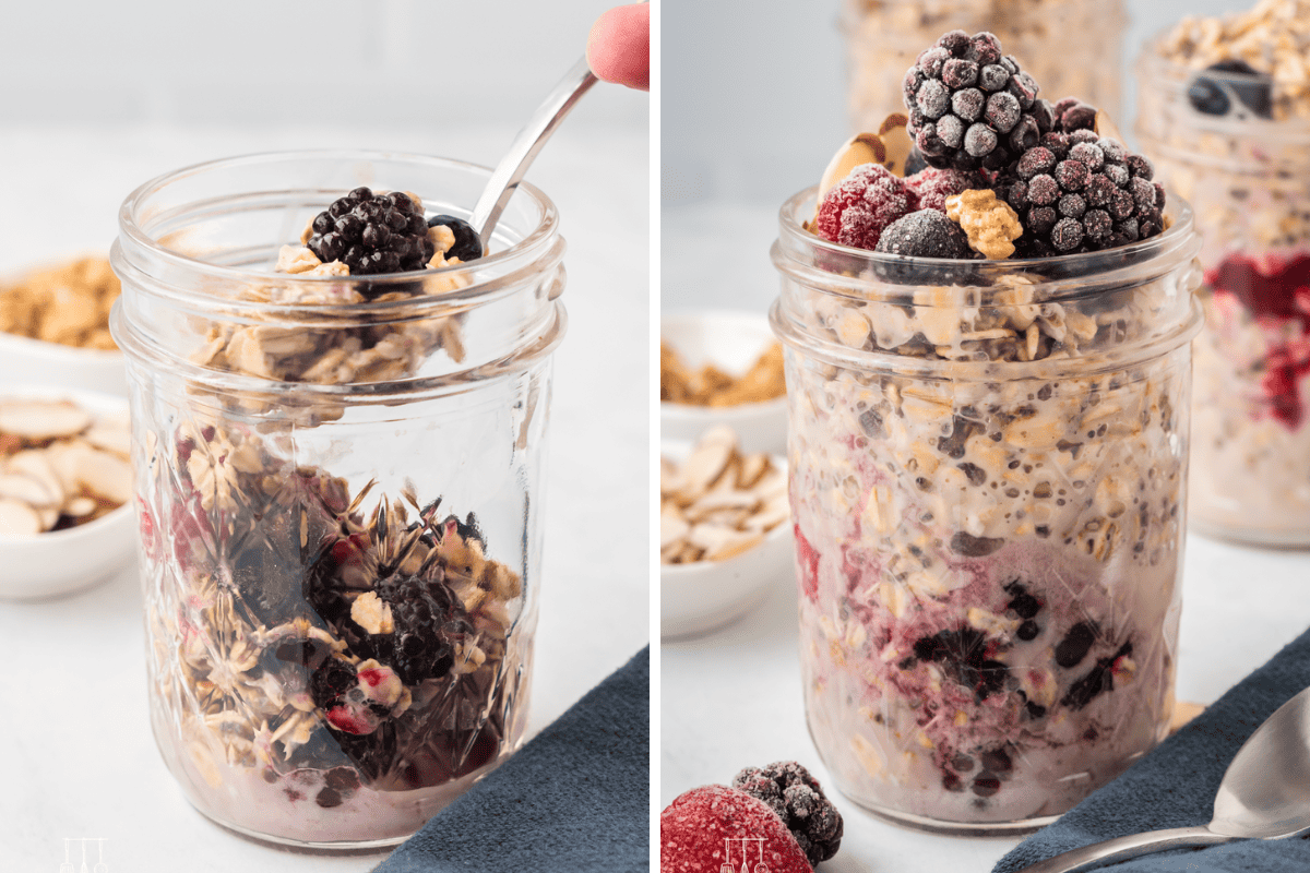 Side-by-side photo: Left: Adding the oat mixture to a mason jar. Right: and topping with frozen berries.
