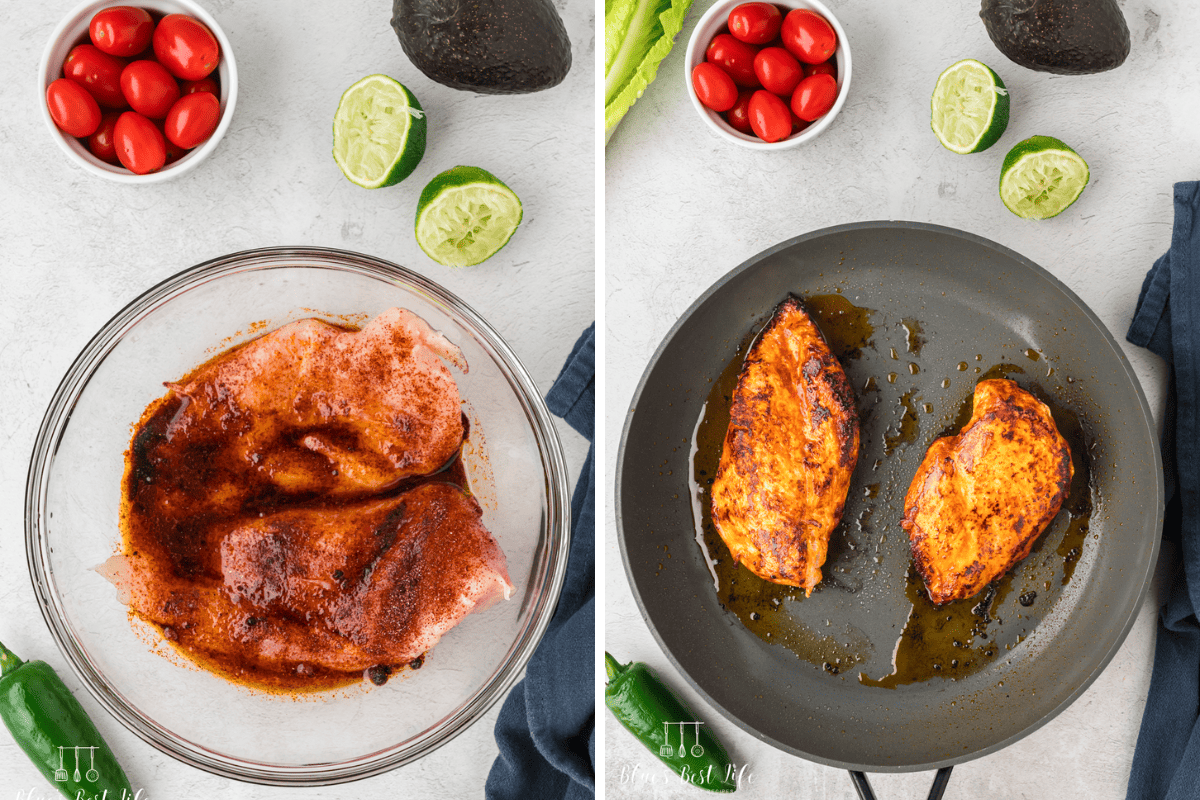 Photo Collage. Left: Adding the spices to the chicken. Right: cooking the chicken in a skillet.