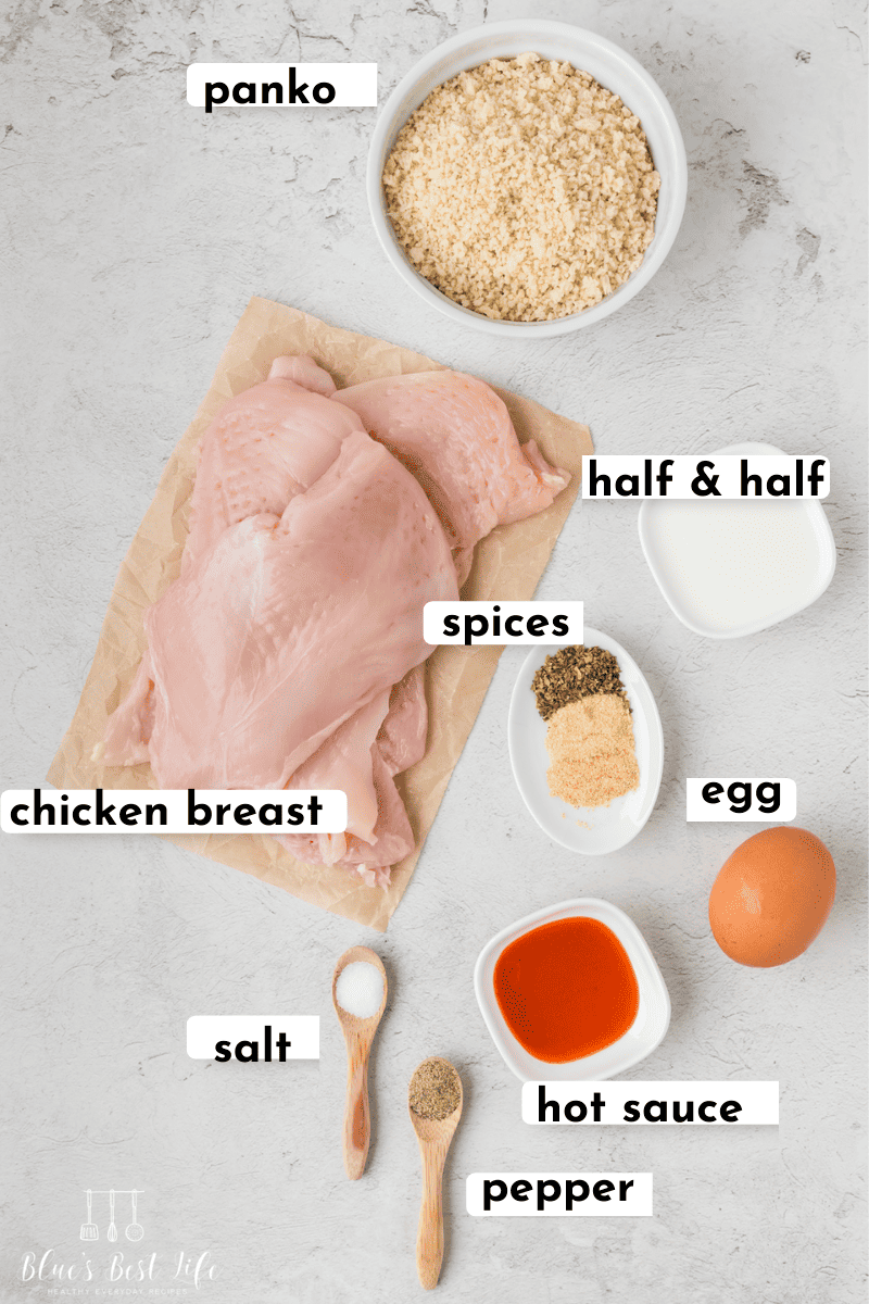 Ingredients for panko chicken.: panko, chicken breast, half & half, spices, egg, salt, pepper, hot sauce