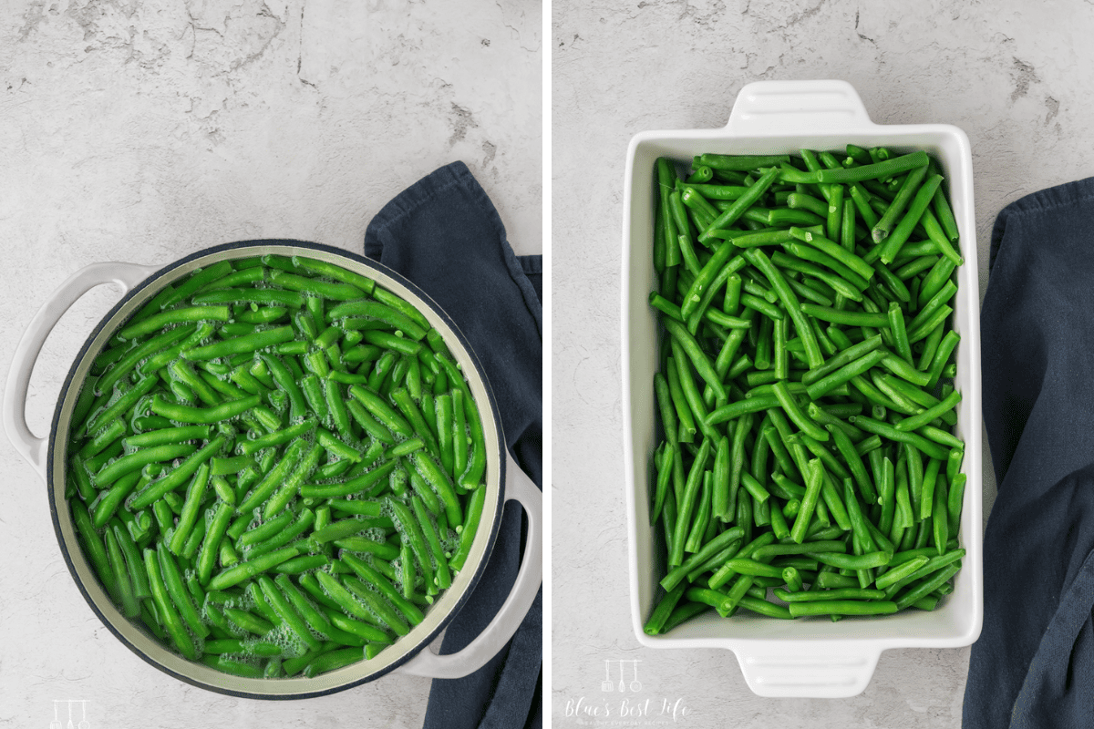 Blanching the green beans and adding them to the casserole dish.  