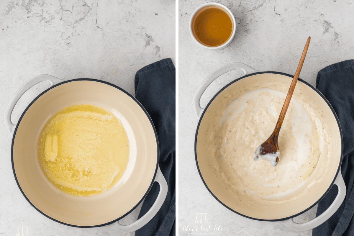Melting the butter and making the sauce. 