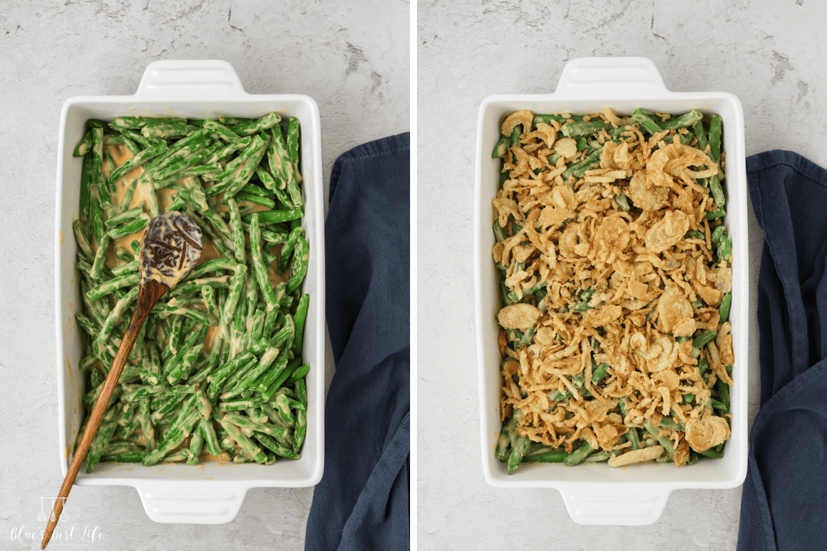 Adding the sauce to the green beans and sprinkling the fried onions on top. 