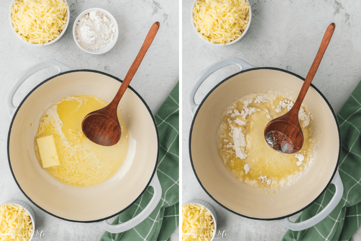 Photo Collage. Left: Melting the butter . Right: adding the flour to the Dutch oven. 