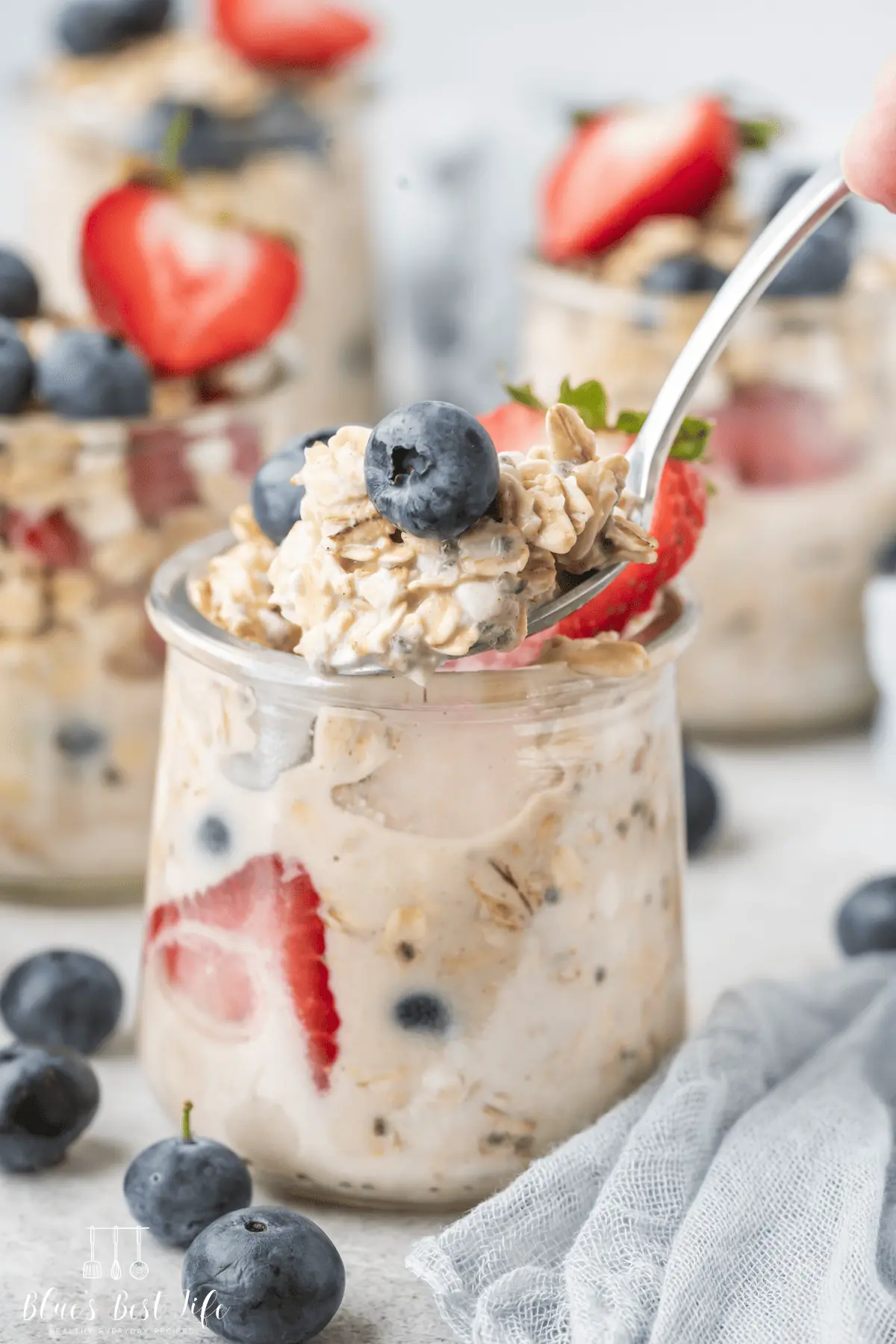 A spoonful of creamy overnight oats. 