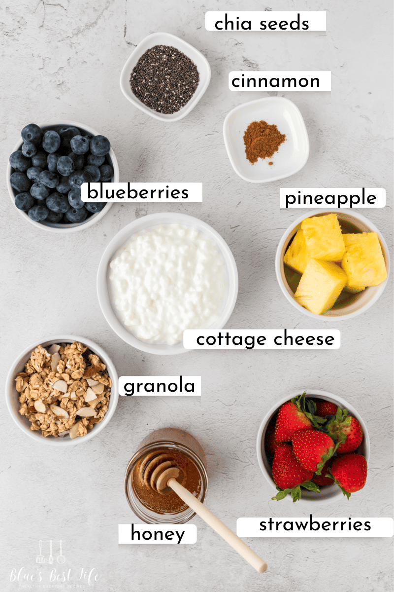 ingredients to make cottage cheese with fruit: chia seeds, blueberries, cinnamon, pineapple, granola, cottage cheese, honey, & strawberries.