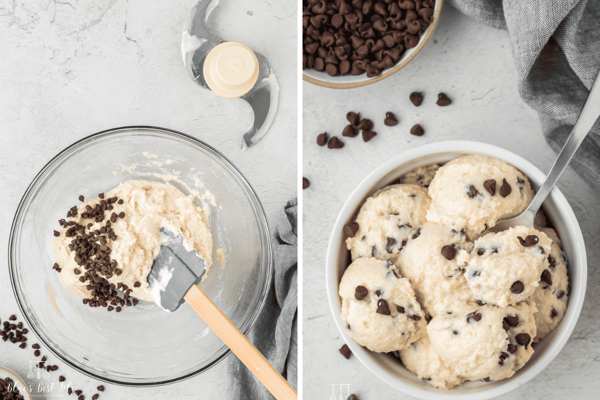 Mixing the chocolate chips into the dough and adding cookie scoops to a dish.