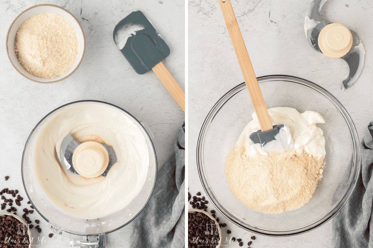 Blending cottage cheese in a food processor and stirring in the almond flour.