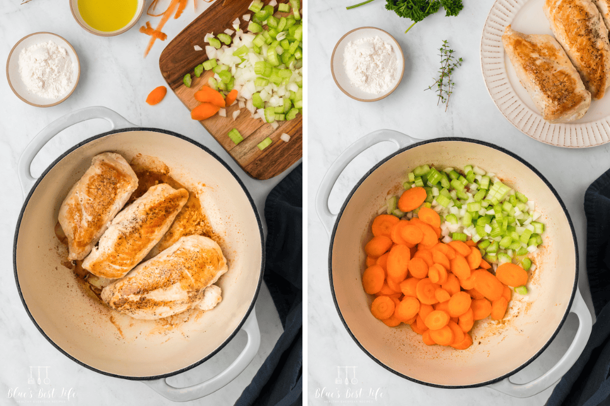 Collage Photo. Left: Cooking the chicken breast in a Dutch oven.  Right: And sautéing the vegetables. in the Dutch oven. 