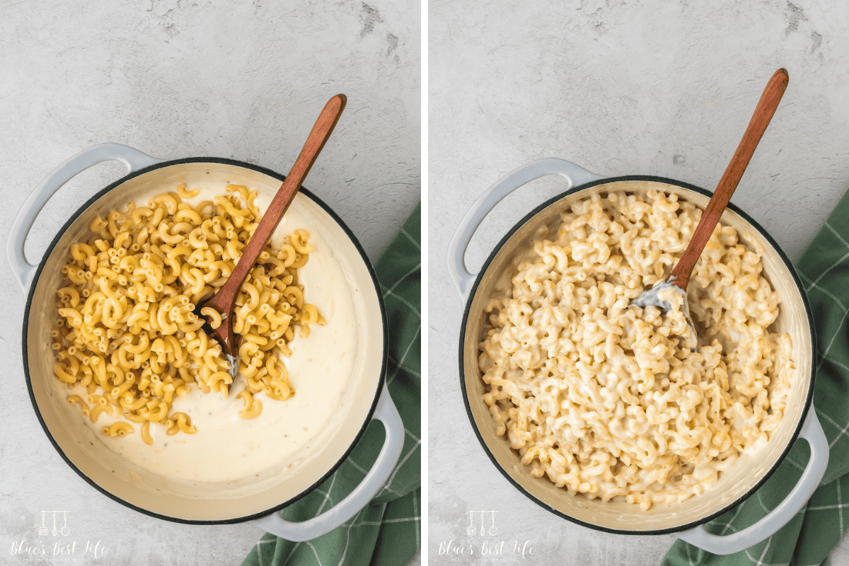 Photo Collage. Left: Adding the pasta to the pot. Right: mixing the pasta with the sauce in the pot. 