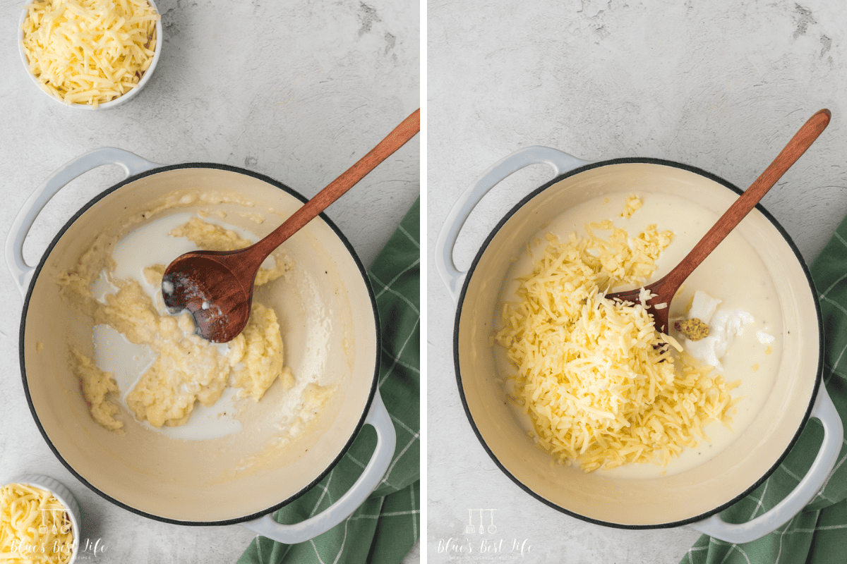 Photo Collage. Left: Stirring in the milk. Right:  adding the cheese to the sauce.