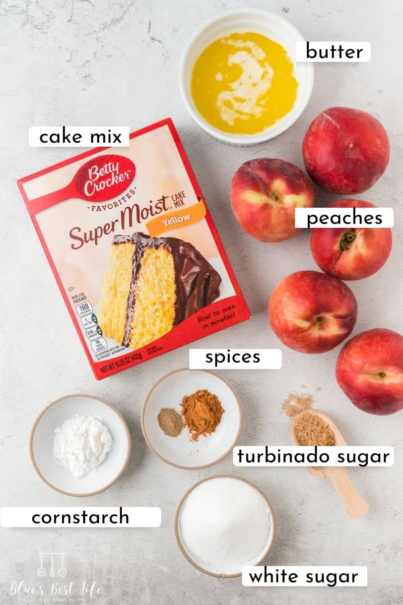 Ingredients needed to make peach cobbler with cake mix. 