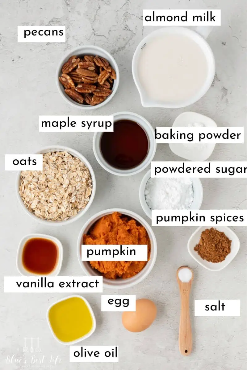 The ingredients needed for pumpkin baked oatmeal. 