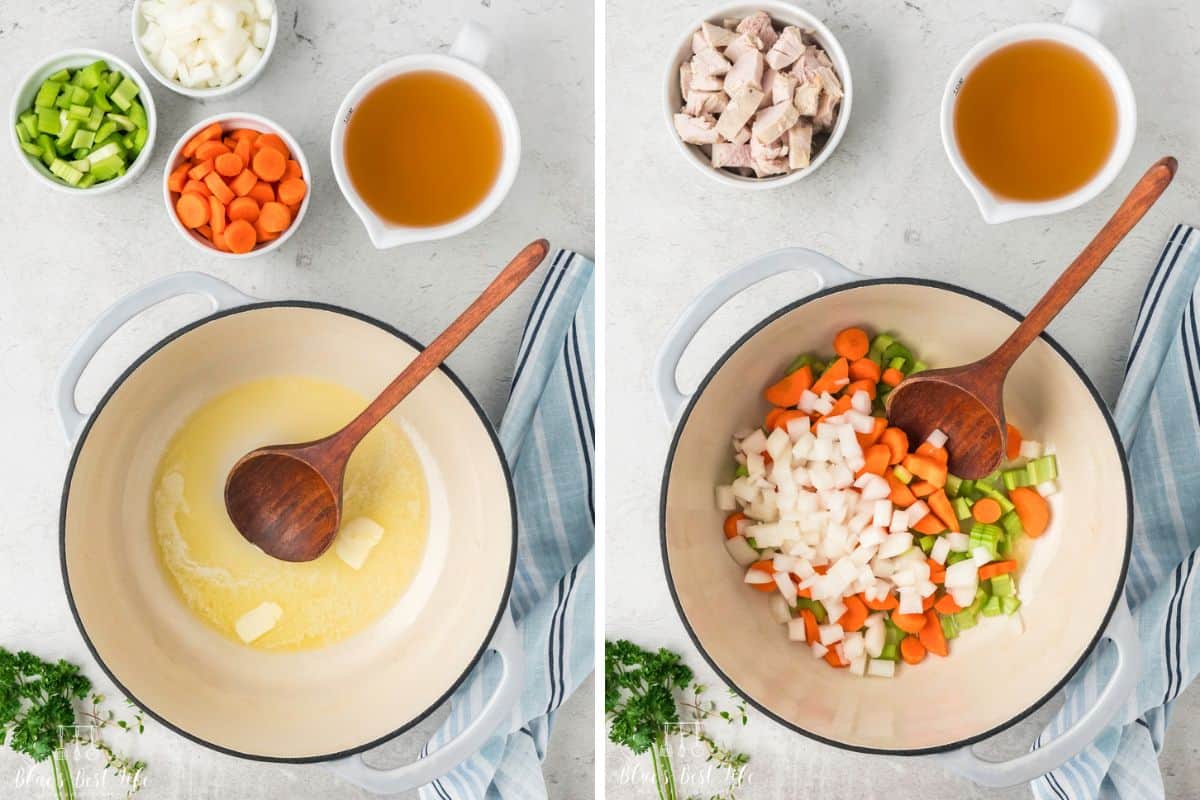 Photo Collage. Left: Melting the butter in a pot using a wooden spoon. Right: saut&eacute;ing the vegetables with the same pot. 