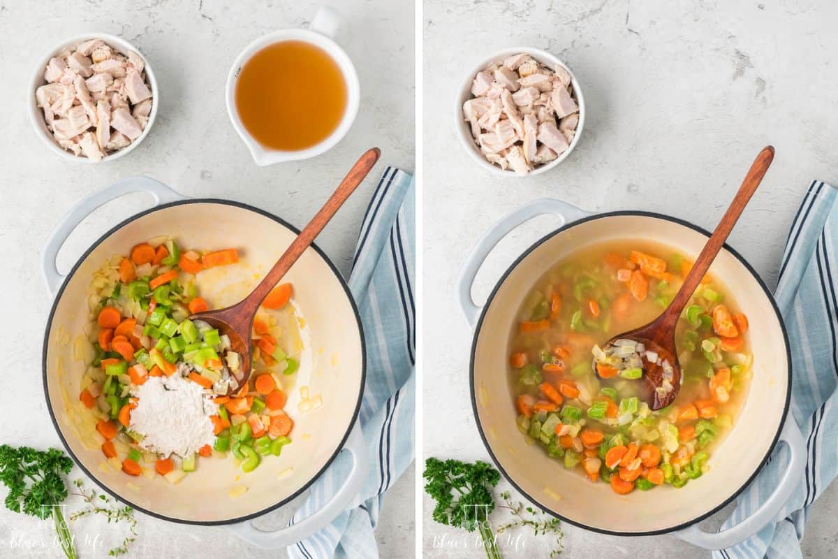 Photo Collage: Left: Adding the flour to the vegetables. Right: adding the broth to the mix. 