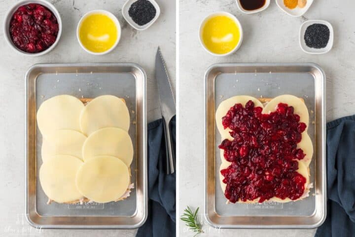 Photo Collage. Left: Layering cheese to the rolls. Right: adding the layer of  cranberry sauce to the rolls. 