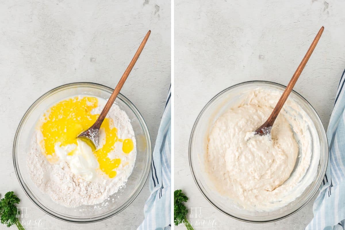 photo collage of Making the dumplings. Left: adding the ingredients to a clear mixing bowl. Right: mixing all the together the ingredients using the wooden spoon. 