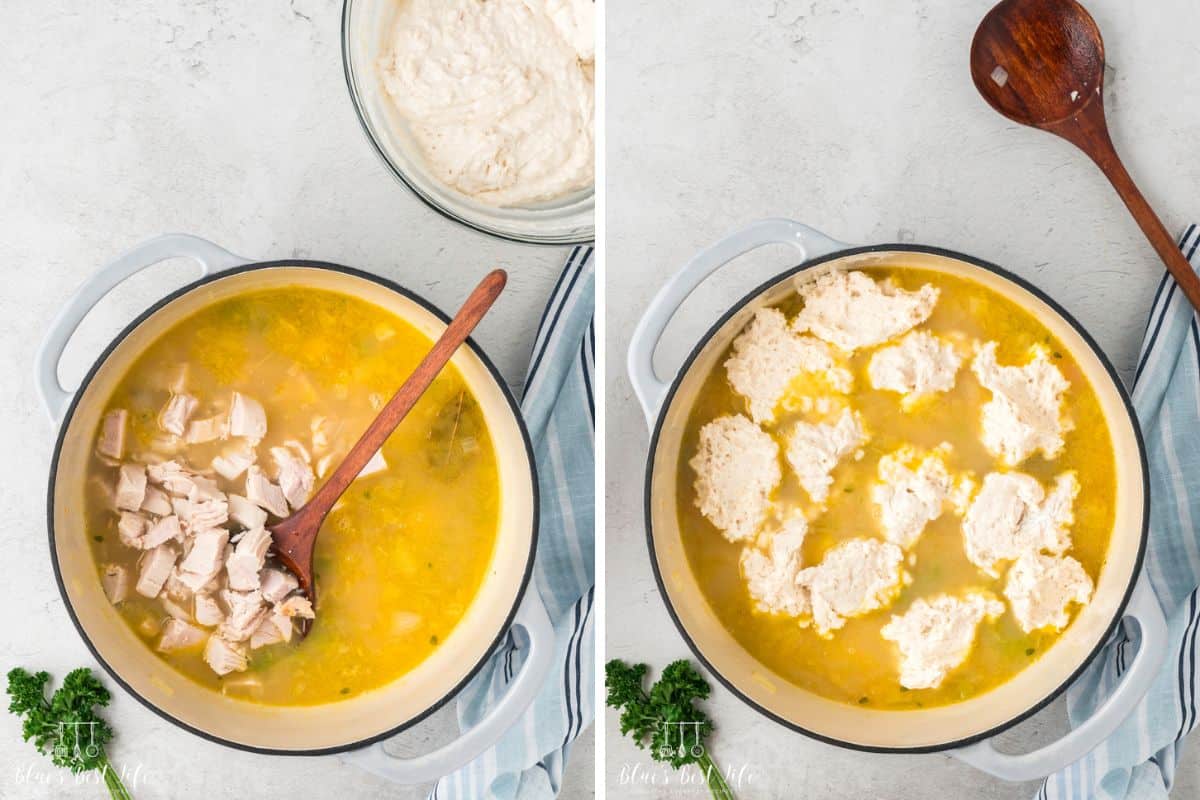 Photo collage. Left: Adding the turkey to the pot of broth. Right: then dropping the dumpling dough over the broth. 