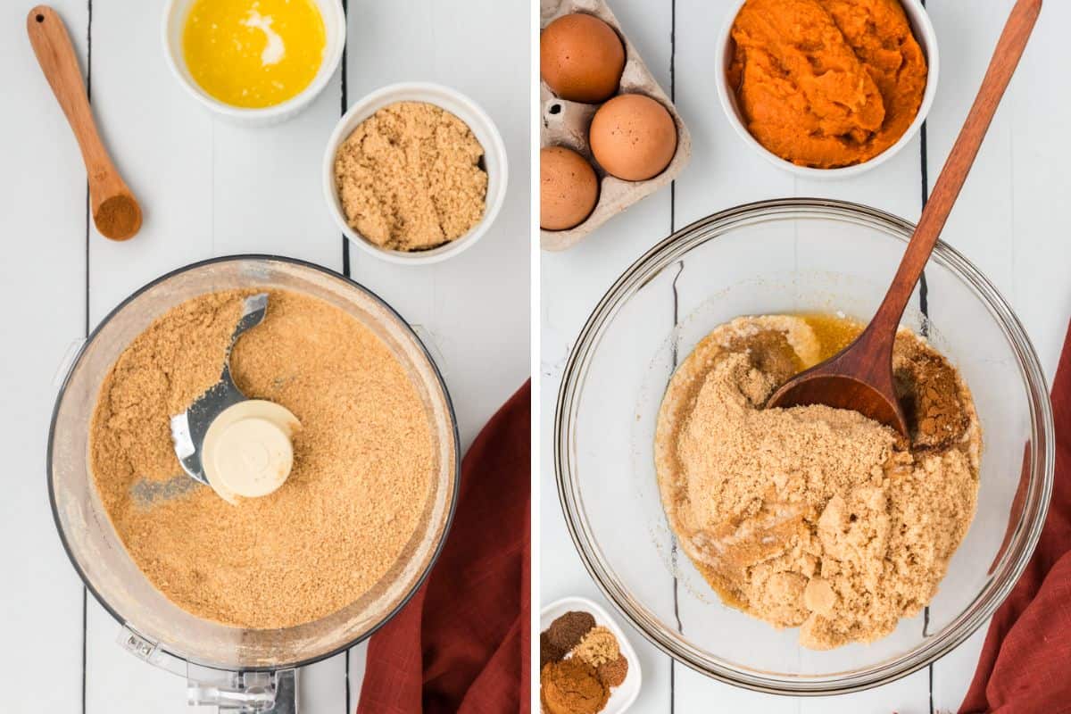 Making the graham cracker crumbs in a food processor and mixing the crumbs with butter, sugar and cinnamon. 
