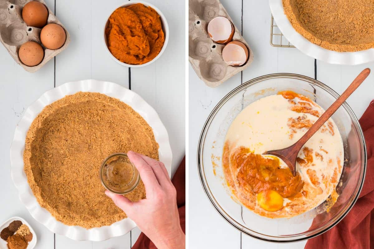 Pressing the crust into the pie plate and mixing the filling ingredients.