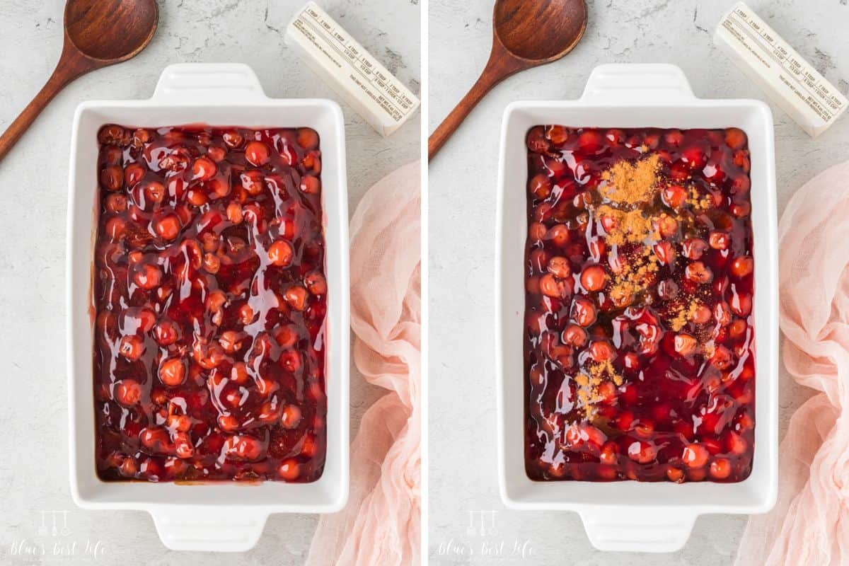 Adding the cherry pie filling to the casserole dish. 