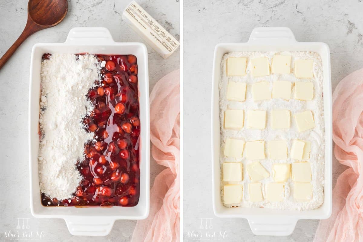 Spreading the cherries and adding the pats of butter. 