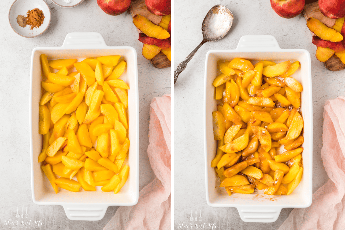 Spreading the peaches into the bottom of a casserole dish and adding the spices. 