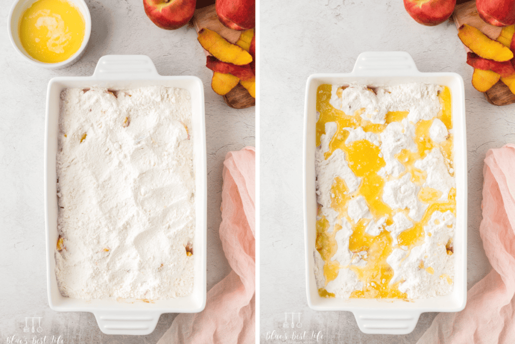 The cake mix added to the peaches with melted butter. 