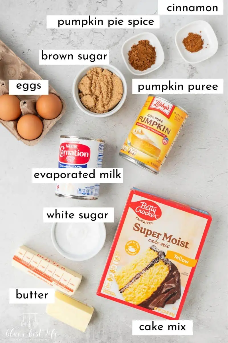 The ingredients to make pumpkin bars with cake mix. 
