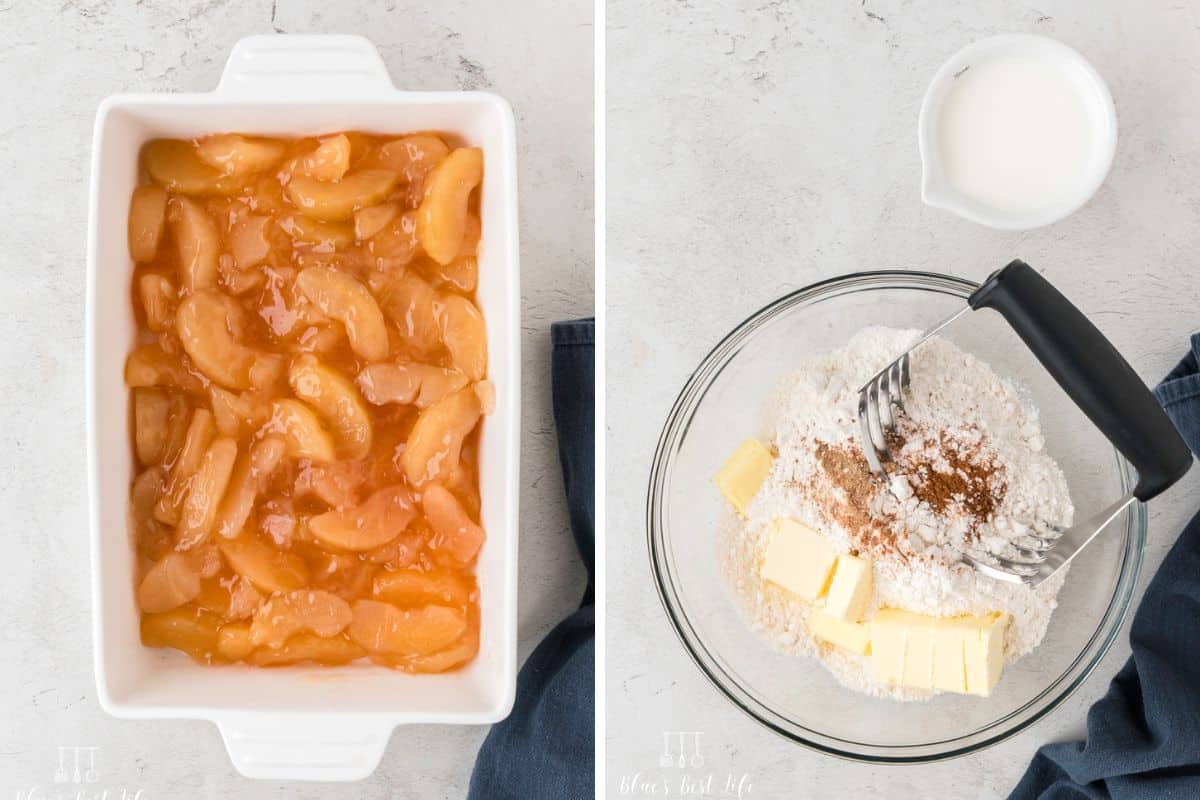 apple filling in a baking dish and cake mix with spice and butter in a mixing bowl.