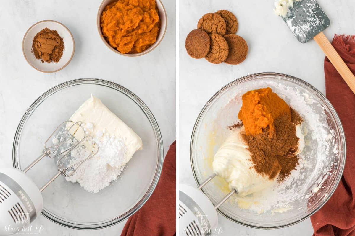 Mixing the cream cheese and other ingredients to make the pumpkin dip.