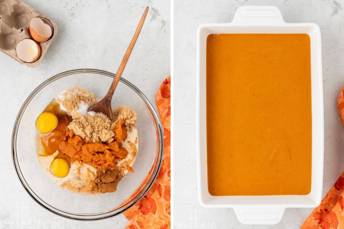 Mixing the pumpkin layer together and layering it in the casserole dish.