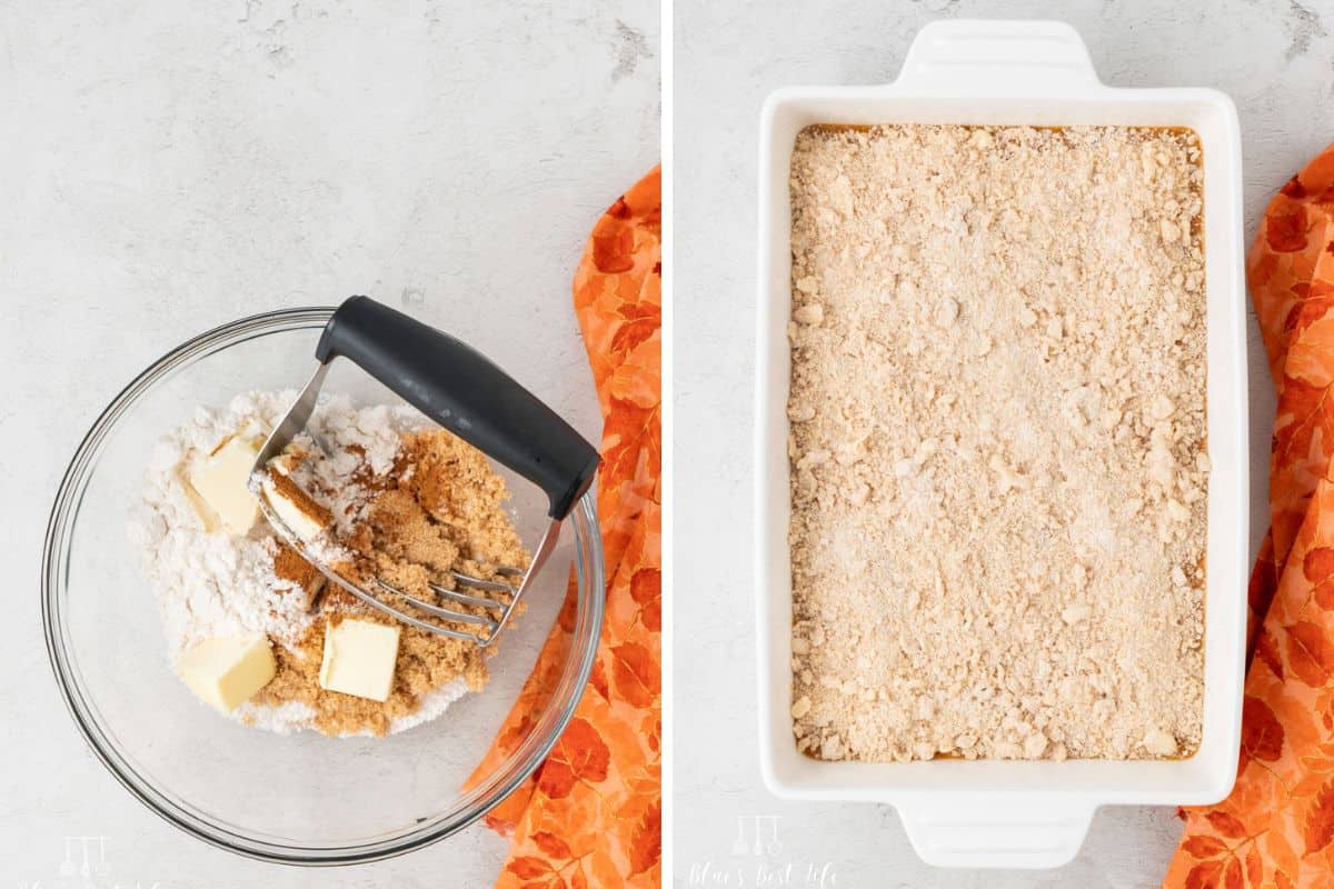 Adding the crumble topping on top of the pumpkin layer.